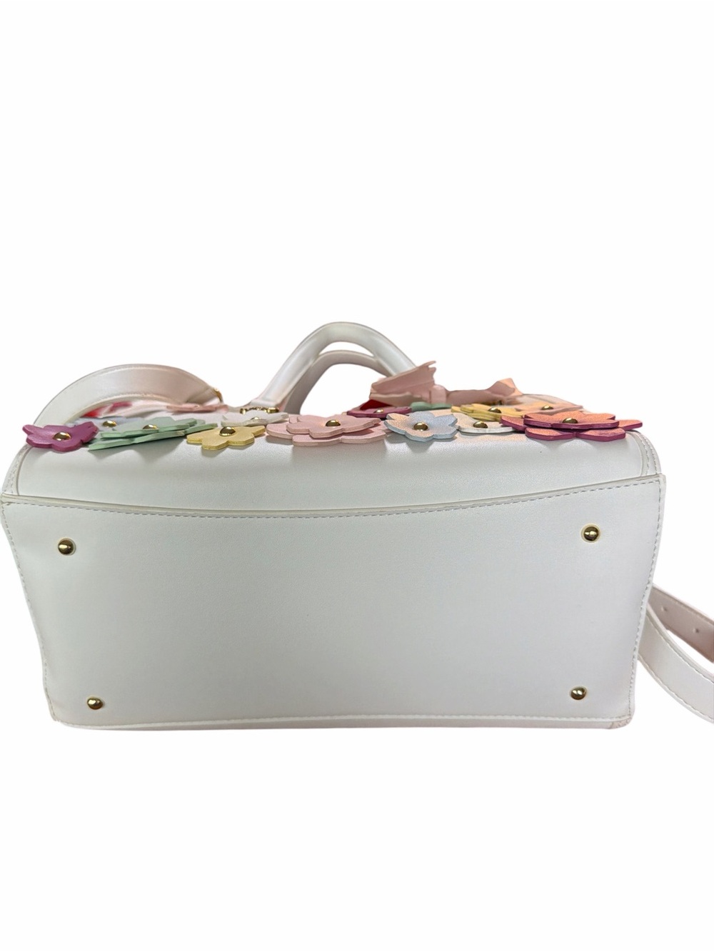 Betsy Johnson White Pink Multi 3-D Applique Floral Butterfly Charm Satchel Bag - Picture 6 of 9